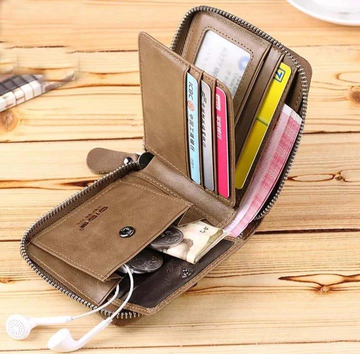 Men’s Genuine Leather Wallet – Compact Zipper Design (Brown)