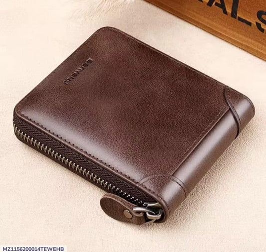 Men's Genuine Cow Leather Wallet Brown Zipper Closure