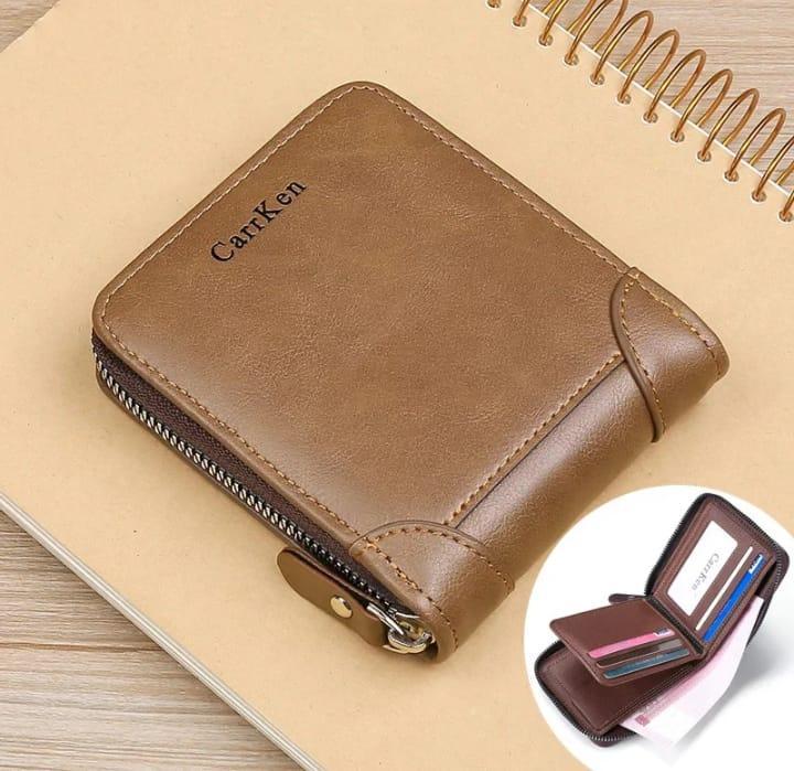 Men’s Genuine Leather Wallet – Compact Zipper Design (Brown)