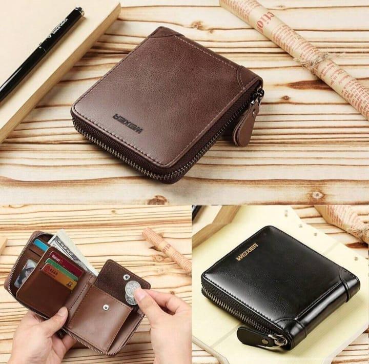 Men’s Genuine Leather Wallet – Compact Zipper Design (Brown)