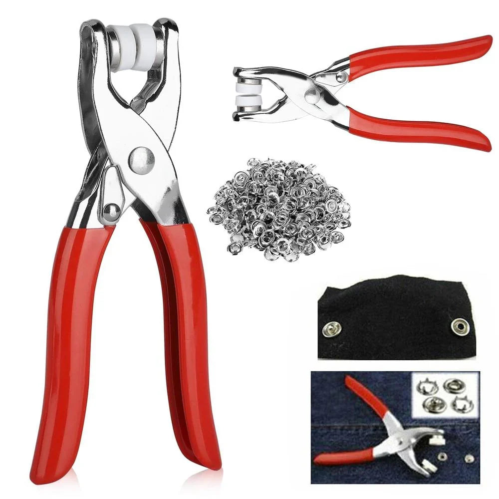 Stainless Steel Tich Button Tool with 50 Snap Buttons – Professional Heavy-Duty Fastening Kit (Red Handle)