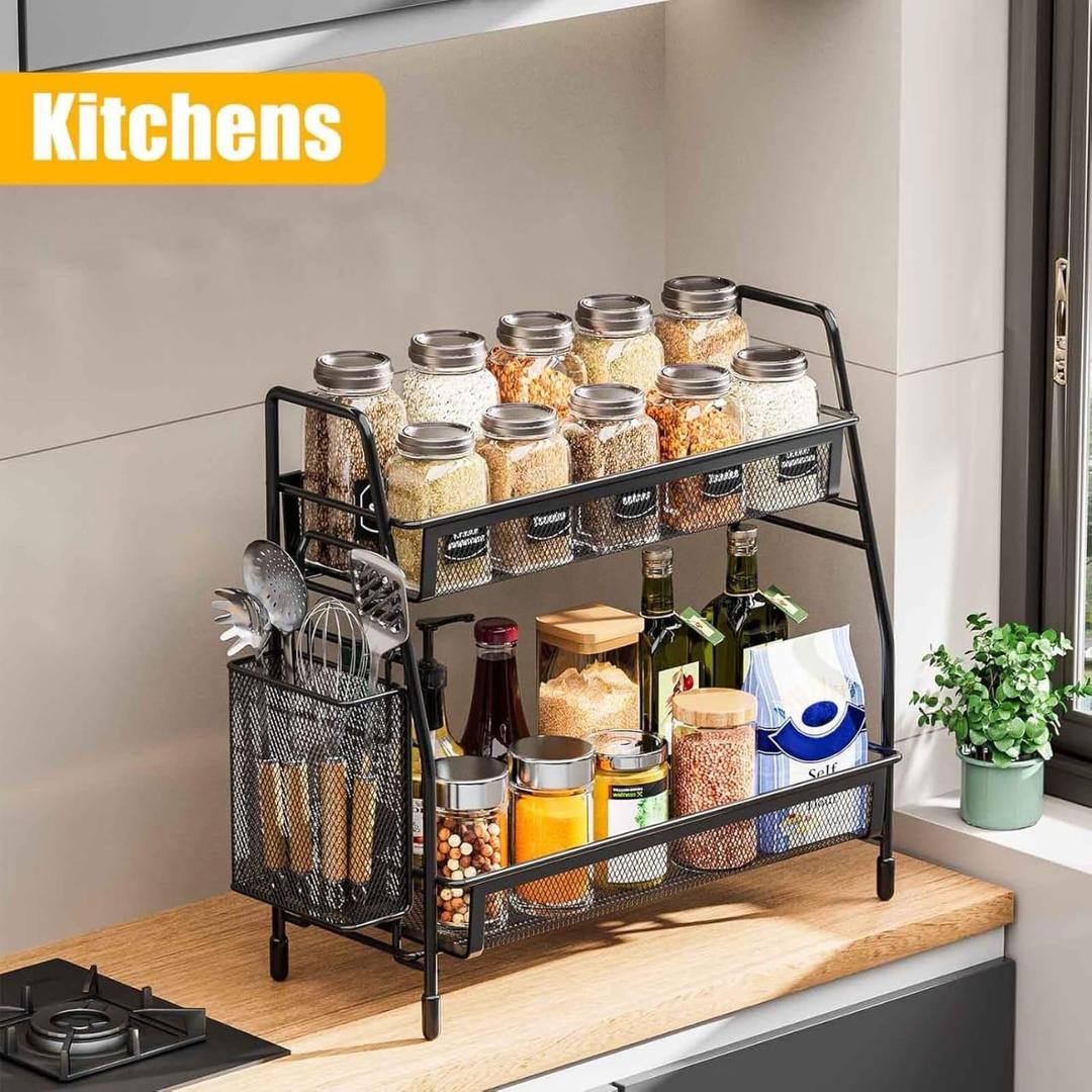 Black 2-Tier Kitchen Spice & Bottle Organizer